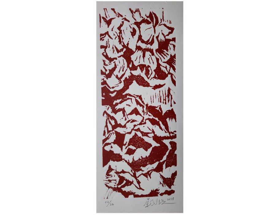 « Red Hydrangea I », 2018, gravure sur bois, 25 x 13 cm
