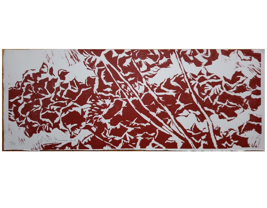 « Red Hydrangea III », 2019, gravure sur bois, 25 x 63 cm