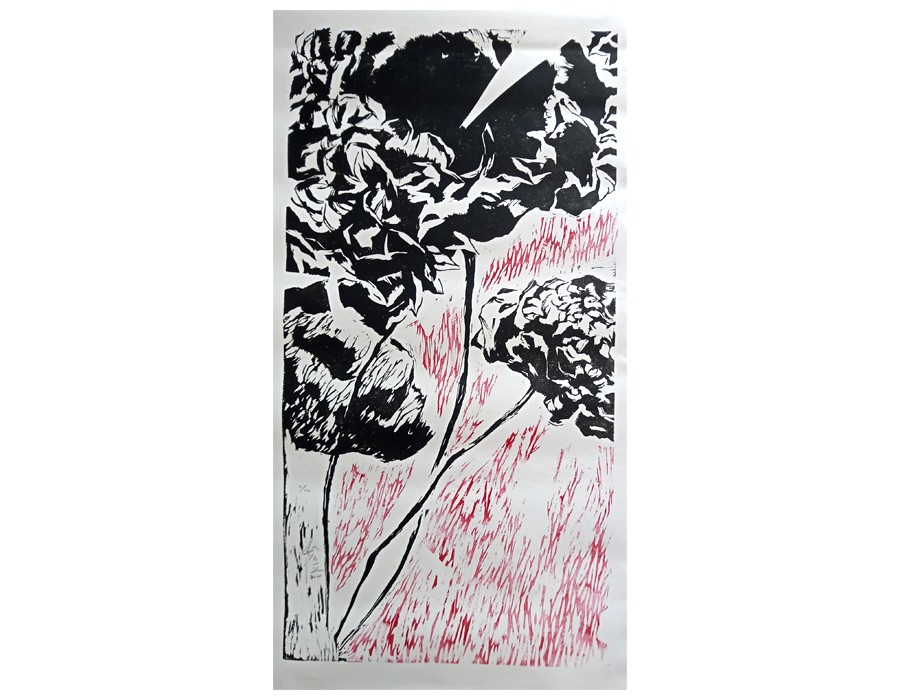Yu Jen-chih, Grand Hydrangea, 2020, gravure sur bois, 122,50 x 63 cm