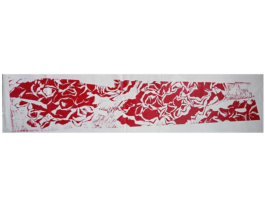 Yu Jen-chih, Grand Hydrangea Rouge, 2020, gravure sur bois, 39 x 179 cm