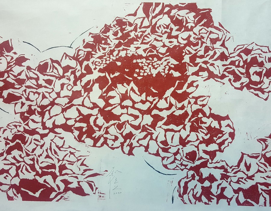 Yu Jen-chih, Grand Hydrangea Rouge, 2020, gravure sur bois, 63 x 122,50 cm