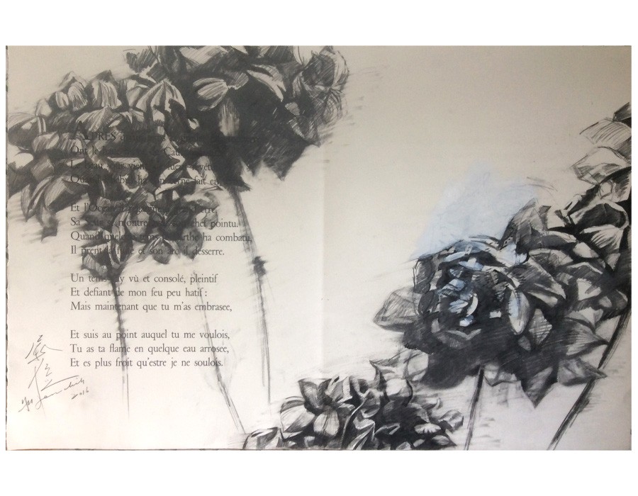 Yu Jen-chih, Hydrangea avec un poème de Louise Labbé I, 2016, crayon sur papier, 65 x 100 cm