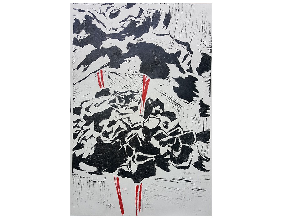 Yu Jen-chih, Hydrangea en rouge et noir I, 2020, gravure sur bois, 95 x 62 cm