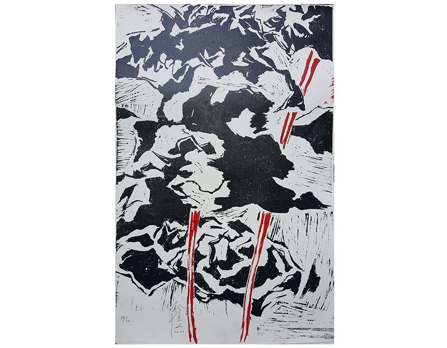 Yu Jen-chih, Hydrangea en rouge et noir II, 2020, gravure sur bois, 95 x 62 cm