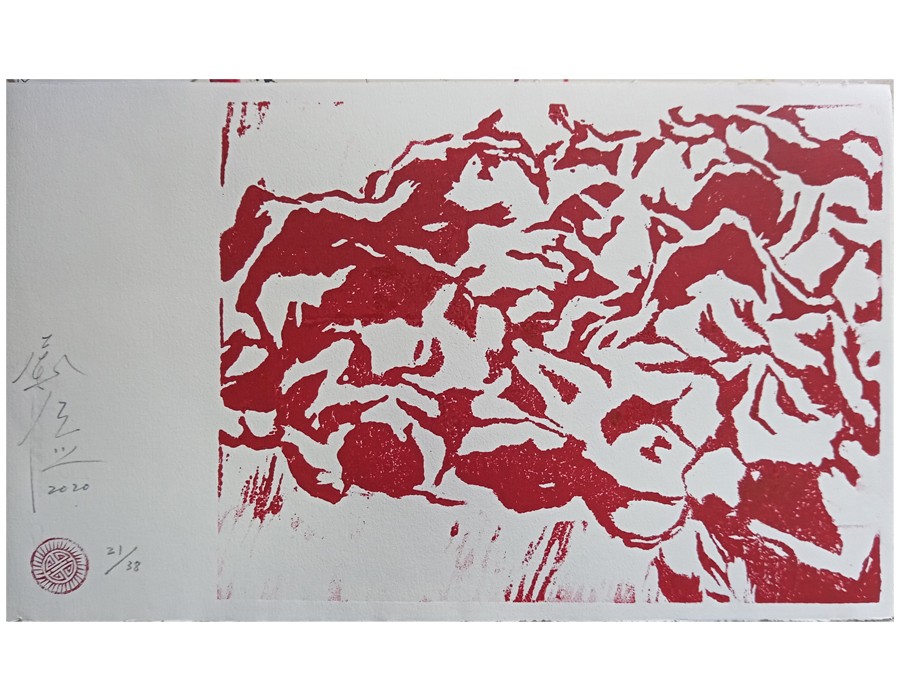 Yu Jen-chih, Red Hydrangea VI, 2020, gravure sur bois, 22,50 x 30 cm