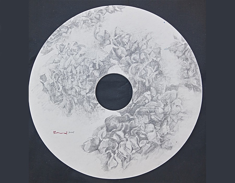Yu Jen-chih, Tondo Hydrangea II, 2021, pencil on paper, D40cm